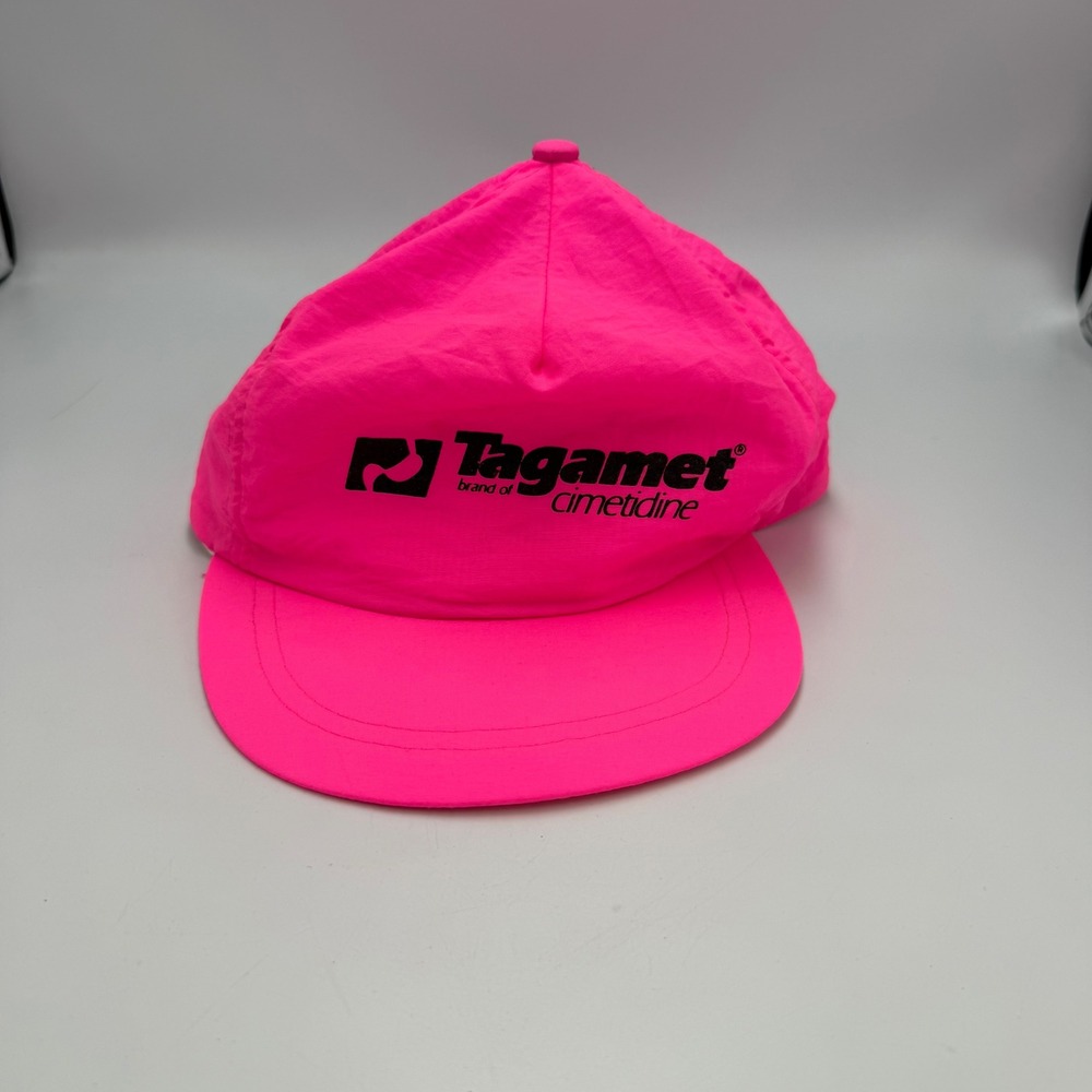 Vintage Tagamet Pharmaceutical Promo Hat Neon Pink Nylon Snapback Cap Mens OSFA